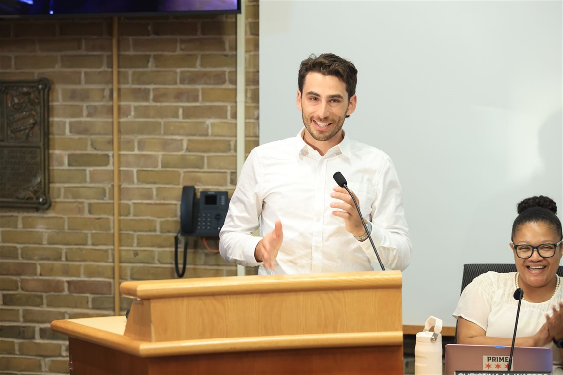 Emery Lehman speaks at a Village Board meeting in Oak Park