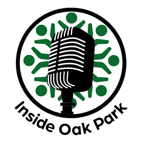 Inside Oak Park logo with microphone in front of Oak Park people tree mark