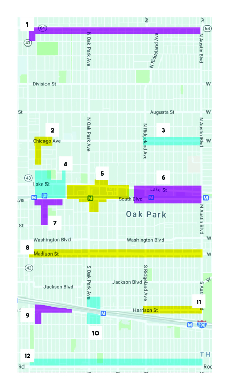 Map of Oak Park highlighting 12 business districts
