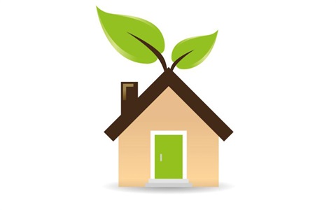 Graphic depicting a house with a leaf atop