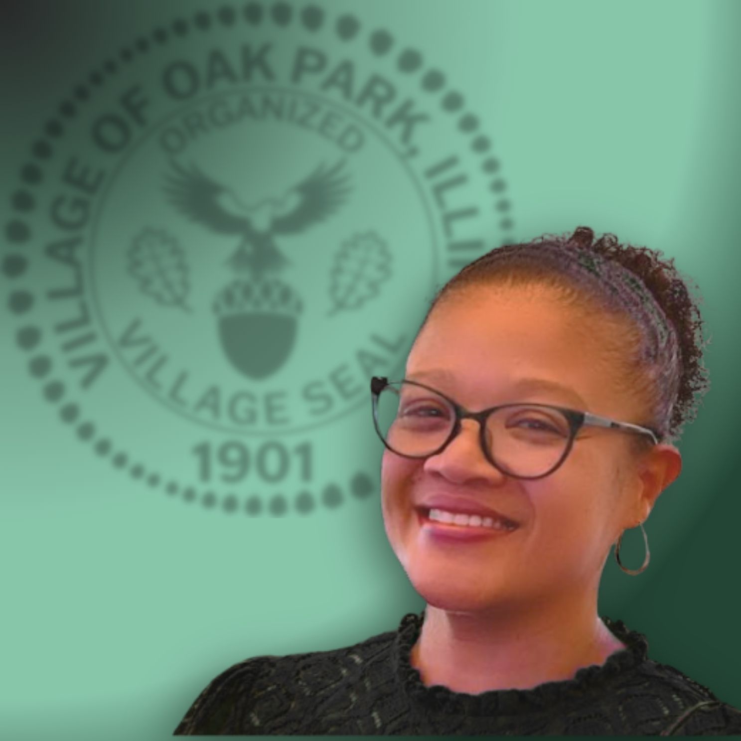Headshot of Village Clerk Waters with the Village of Oak Park seal