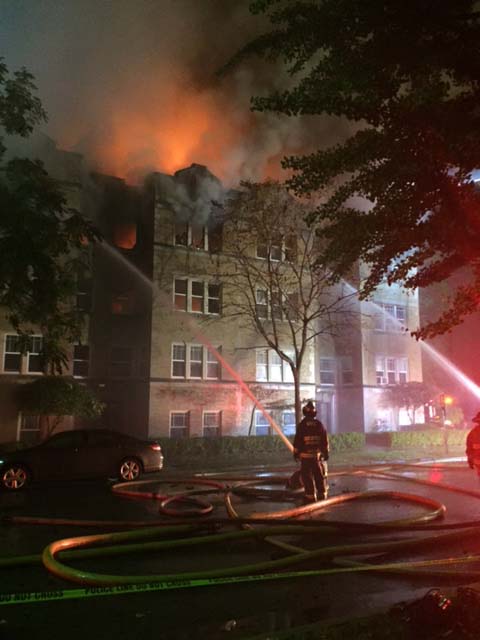 Photograph of apartment building fire at Washinton Boulevard and Cuyler Avenue