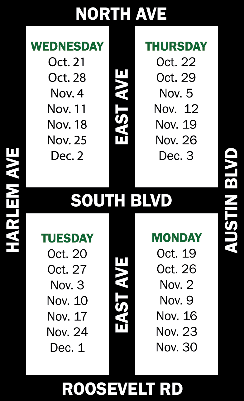 Map of the sections and dates of the 2015 fall leaf pick-up schedule